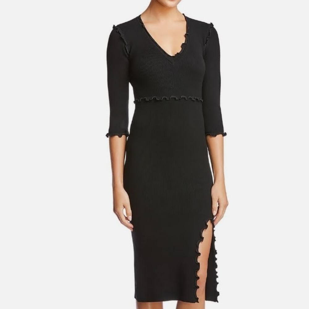 Bailey 44 dress black Nerine dress knit ribbed ruffle v neck bodycon midi slit S